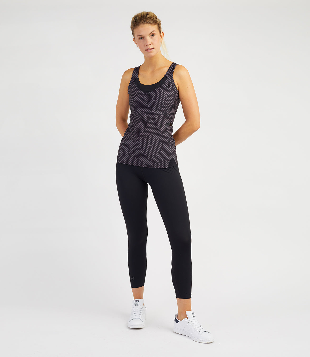 Tennis T-shirt Vests-Women's Tops-Veronica Performance Vest - Black Anthracite Print-PlayBrave Sports UK